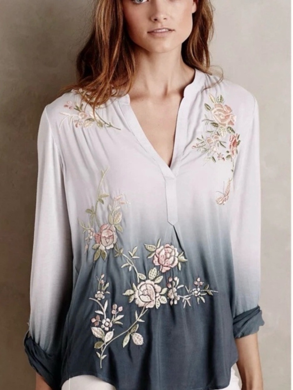 Anthropologie TINY Embroidered Top Size S/P Grey Ombre Floral Boho Peasant - Picture 10 of 10